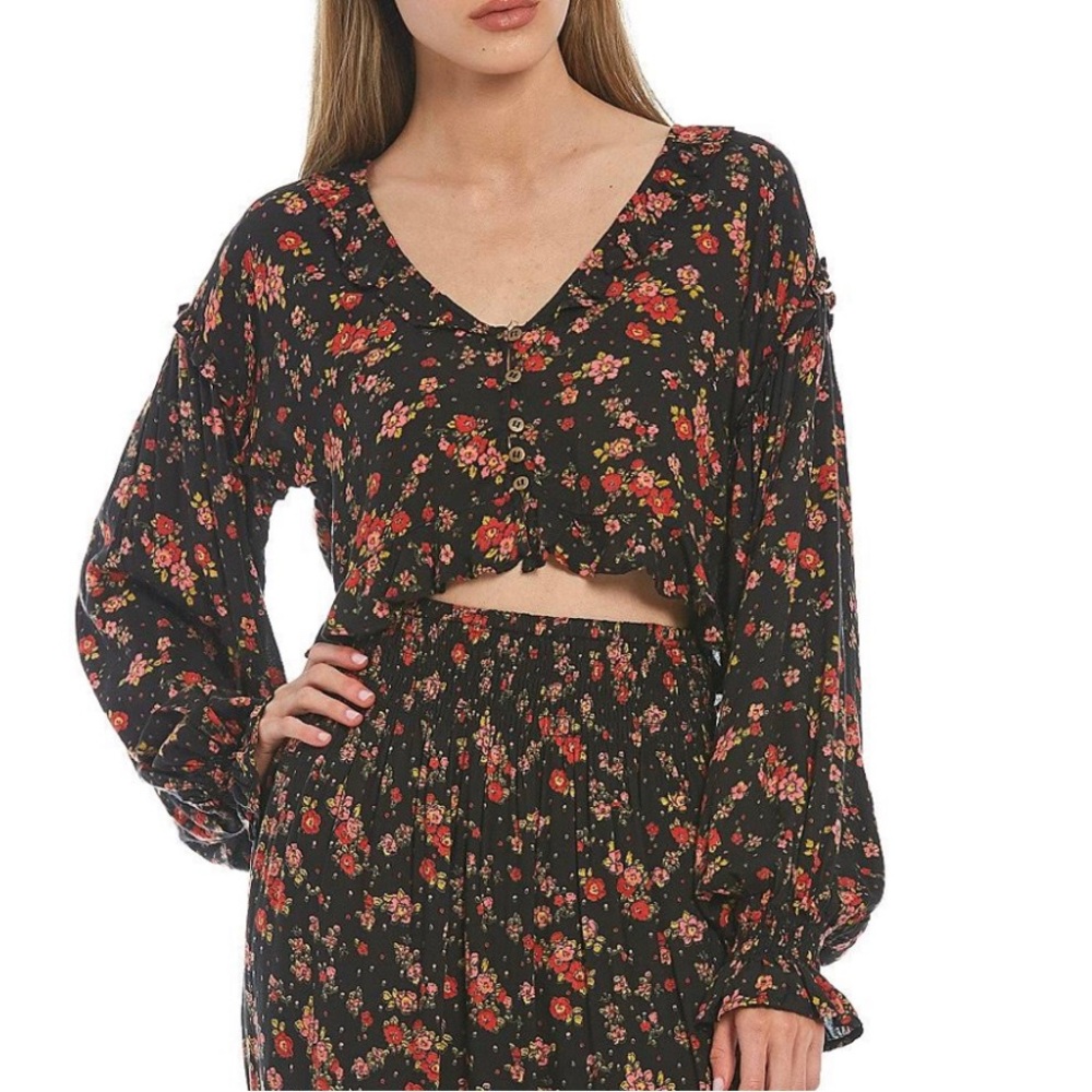 Free People Secret Garden Floral Top Black Red Orange Yellow Size: XS